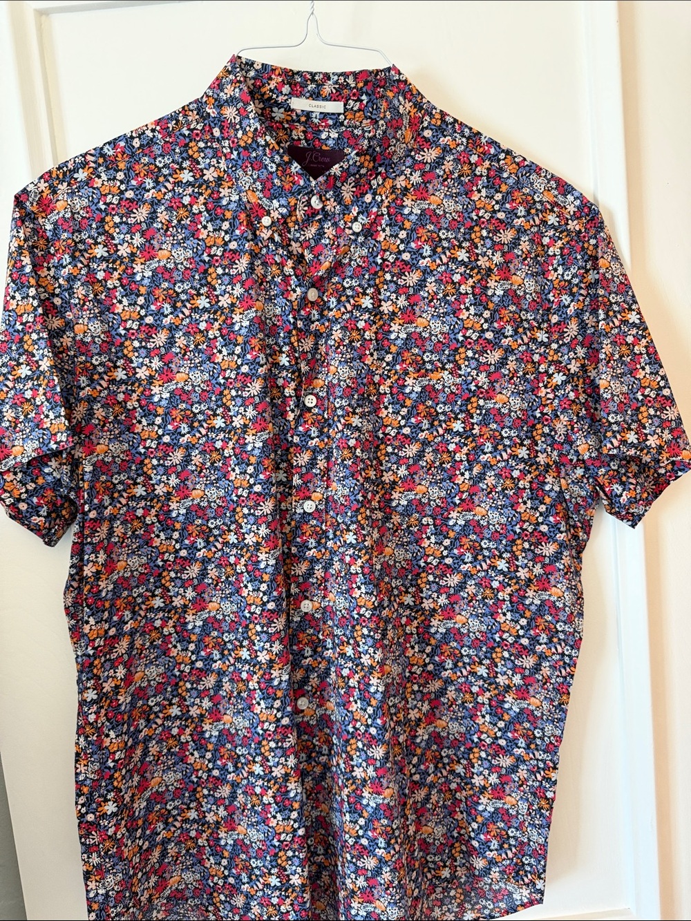 J. Crew Navy Floral Short-Sleeve Button-Down Light Weight Shirt Pink Orange